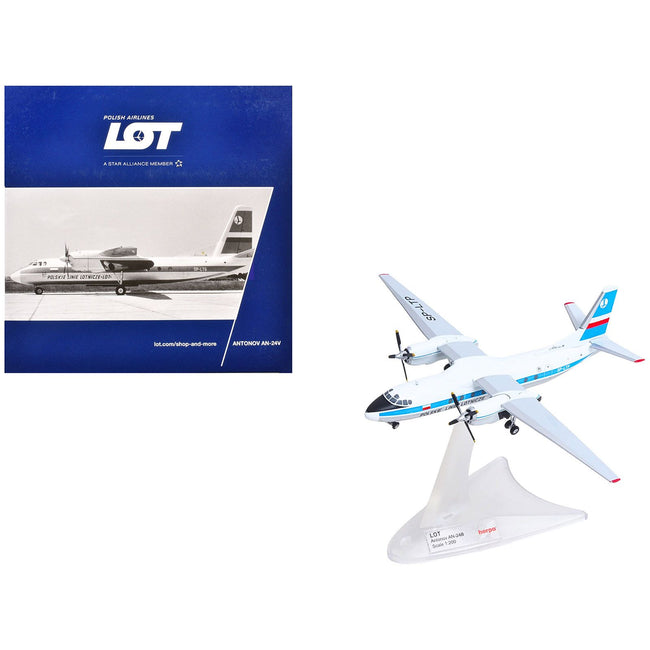Antonov AN-24V Commercial Aircraft "LOT Polish Airlines" (SP-LTP) White with Blue Stripes and Tail 1/200 Diecast Model by Herpa
