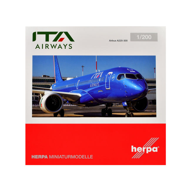 Airbus A220-300 Commercial Aircraft "ITA Airways" (EI-HHM) Blue with Tail Stripes 1/200 Diecast Model Airplane by Herpa