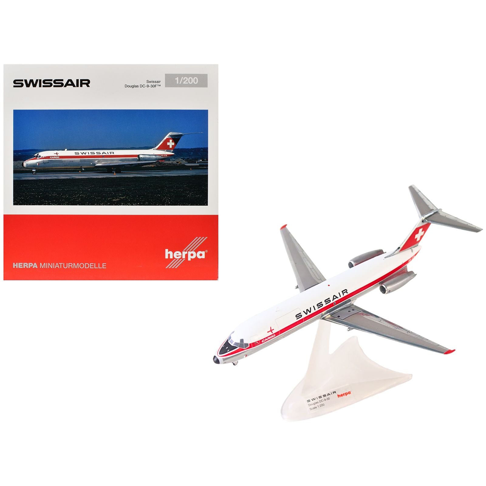 Douglas DC-9-30F Commercial Aircraft "Swissair" (HB-IFW) White with Red Stripes 1/200 Diecast Model Airplane by Herpa