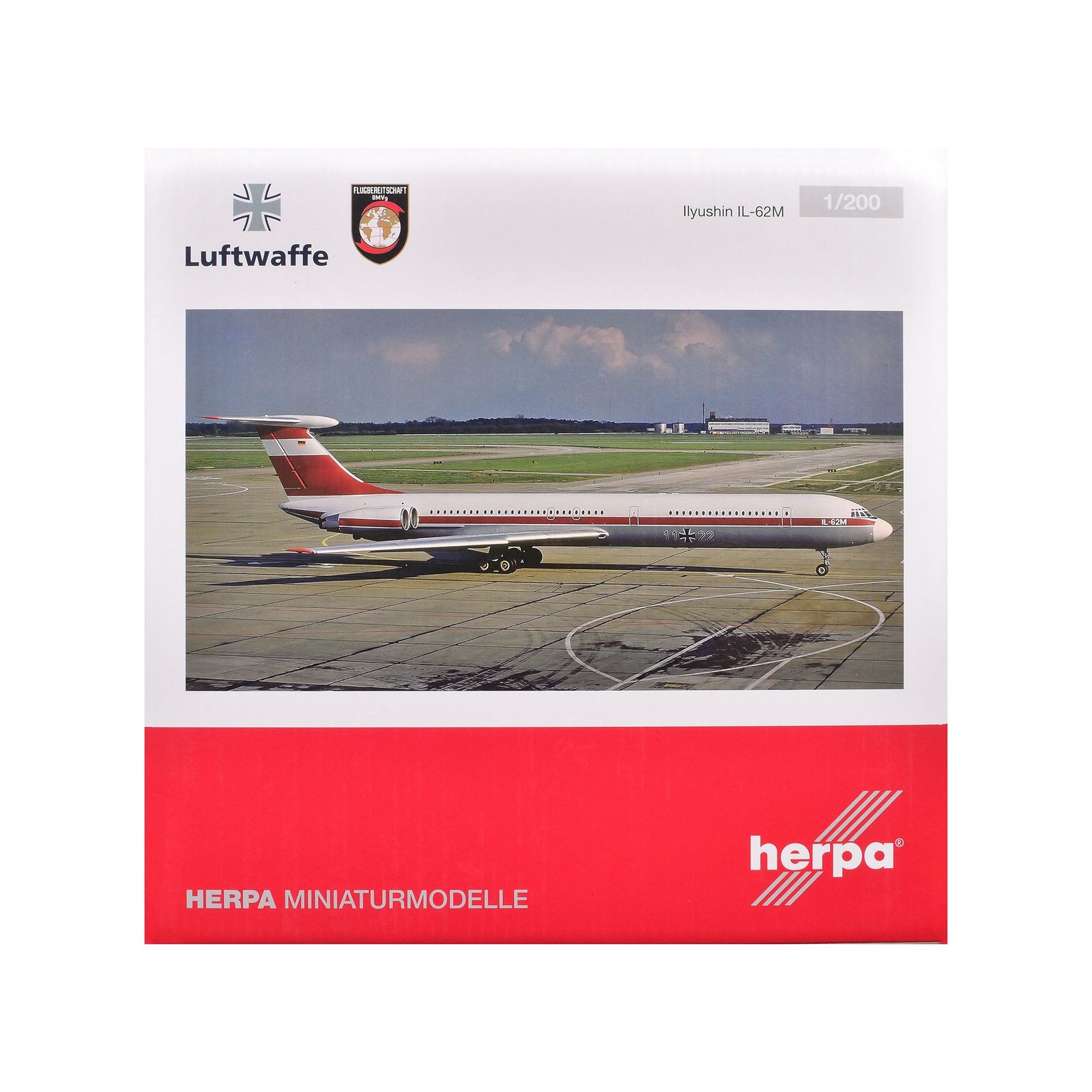 Ilyushin IL-62M Commercial Aircraft "German Luftwaffe" (11+22) White with Red Stripes 1/200 Diecast Model Airplane by Herpa