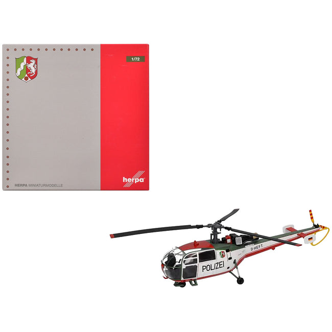 Aerospatiale Alouette III Helicopter "Polizeifliegerstaffel Nordrhein-Westfalen (Police Aviation Squadron North Rhine-Westphalia)" (D-HEFT) White with Red and Green Stripes 1/72 Diecast Model by Herpa