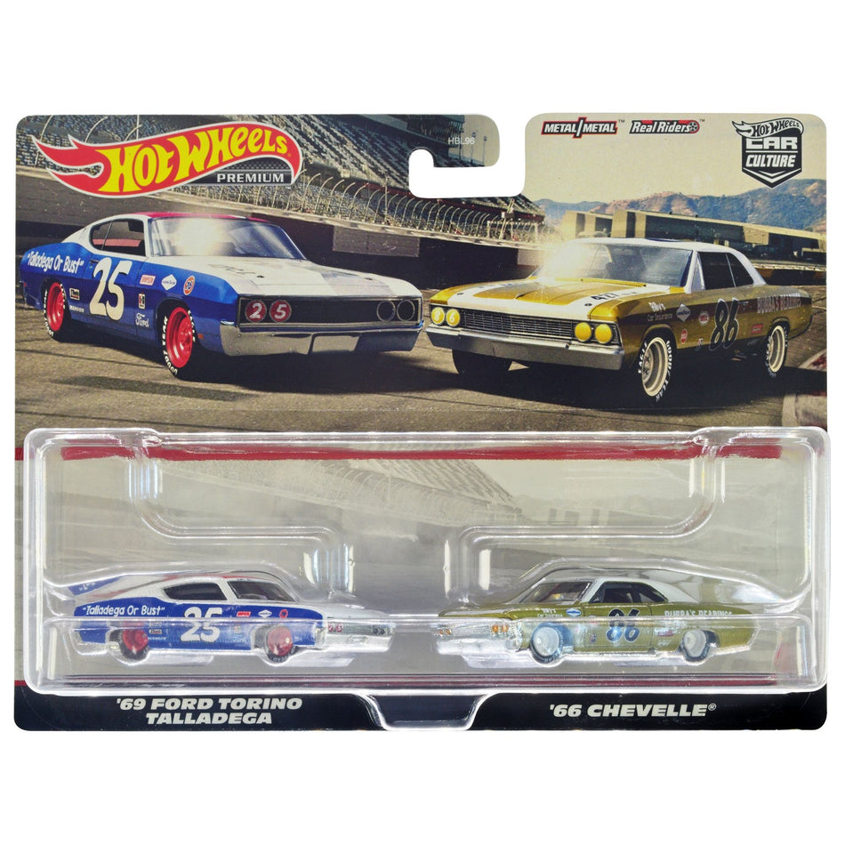 1969 Ford Torino Talladega #25 White and Blue with Red Top and 1966 Chevrolet Chevelle #86 Gold with White Top "Car Culture" Set of 2 Cars Diecast Model Cars by Hot Wheels