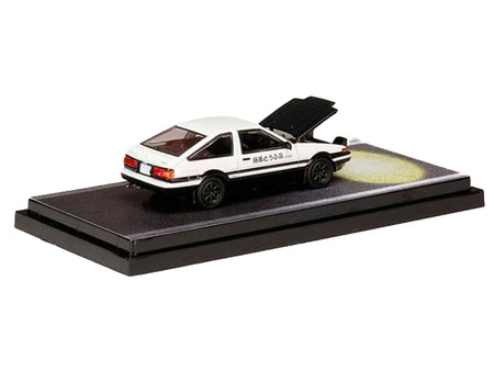 Toyota Sprinter Trueno (AE86) RHD (Right Hand Drive) White and Black with Carbon Hood "Engine Mounted Model VS Tomoyuki Tachi" "Initial D" (1995-2013) Manga 1/64 Diecast Model Car by Hobby Japan