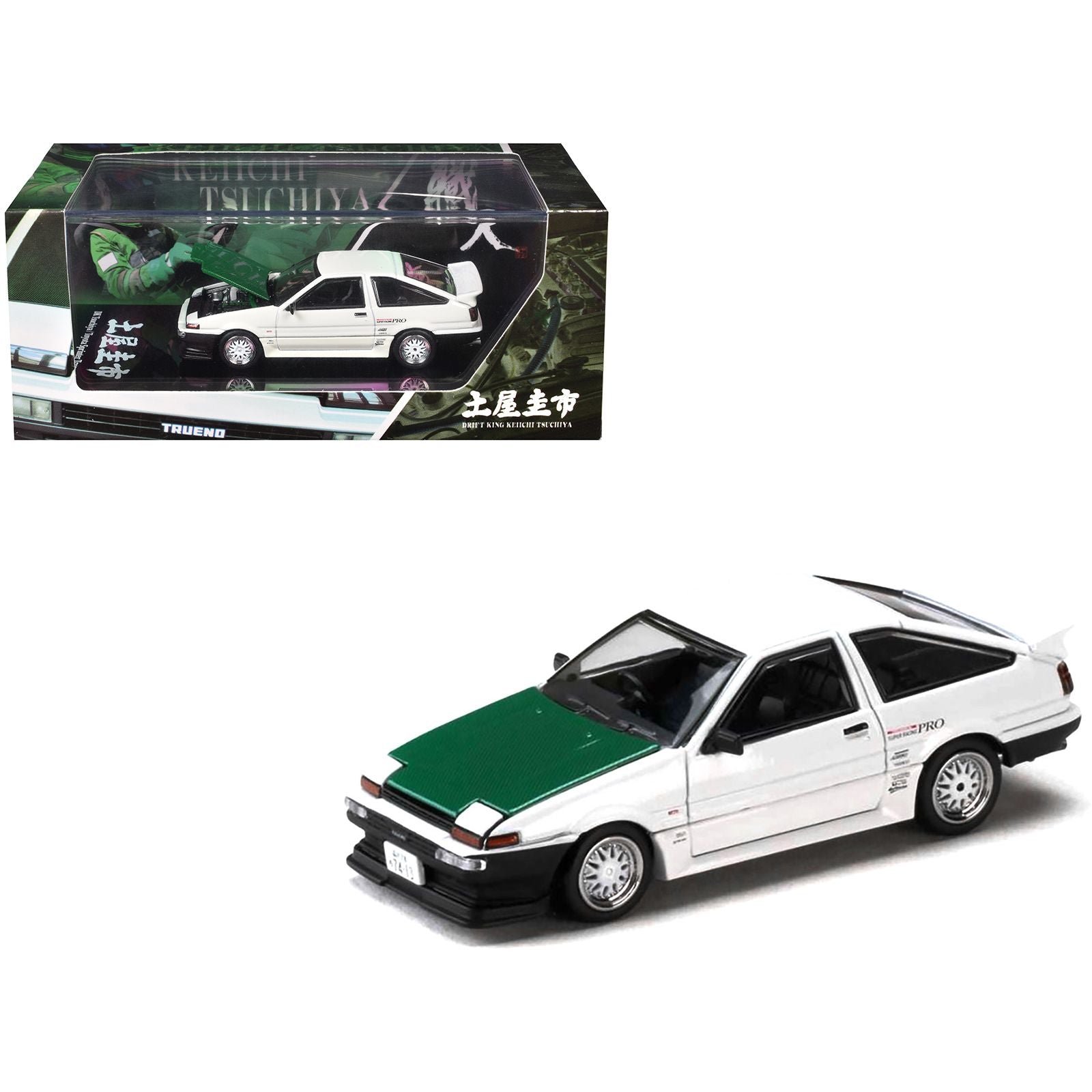 Toyota Sprinter Trueno (AE86) RHD (Right Hand Drive) "Keiichi Tsuchiya - Dori Dori Mesh Wheels" White with Green Carbon Hood 1/64 Diecast Model Car by Hobby Japan