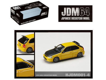 Honda Civic Type R (EK9) RHD (Right Hand Drive) Sunlight Yellow with Carbon Hood "JDM64" Series 1/64 Diecast Model Car by Hobby Japan