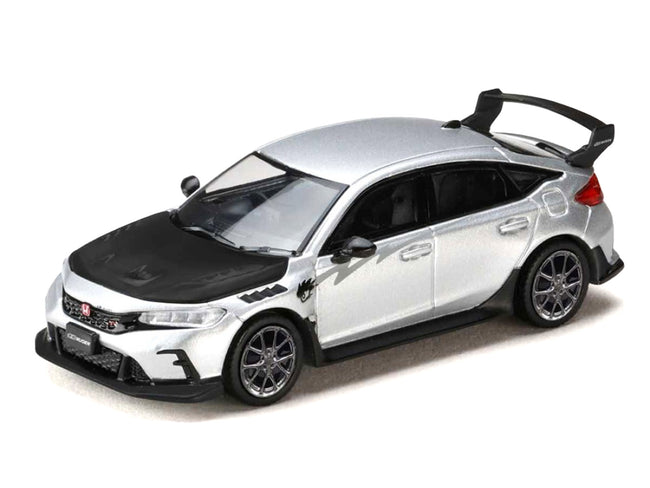 Honda Civic Type R (FL5) RHD (Right Hand Drive) Matt Silver Metallic with Carbon Hood "MUGEN Group B" (2025) "JDM64" Series 1/64 Diecast Model Car by Hobby Japan