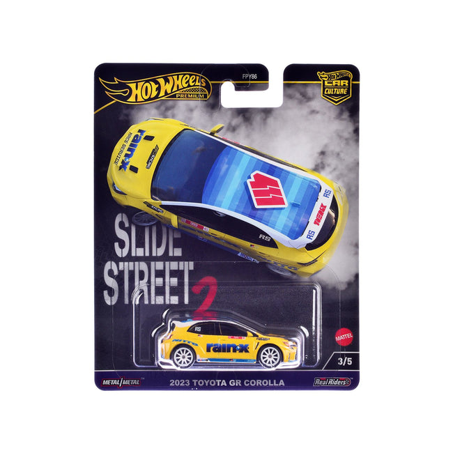 2023 Toyota GR Corolla "Rain X" Yellow "Slide Street 2" Series Diecast Model Car by Hot Wheels