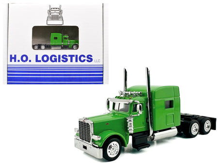 Peterbilt 389 Truck Tractor with Sleeper Cab Lime Green and Low Boy Flatbed Trailer Black Combo Set 1/87 (HO) Plastic Model Car by HO Logistics