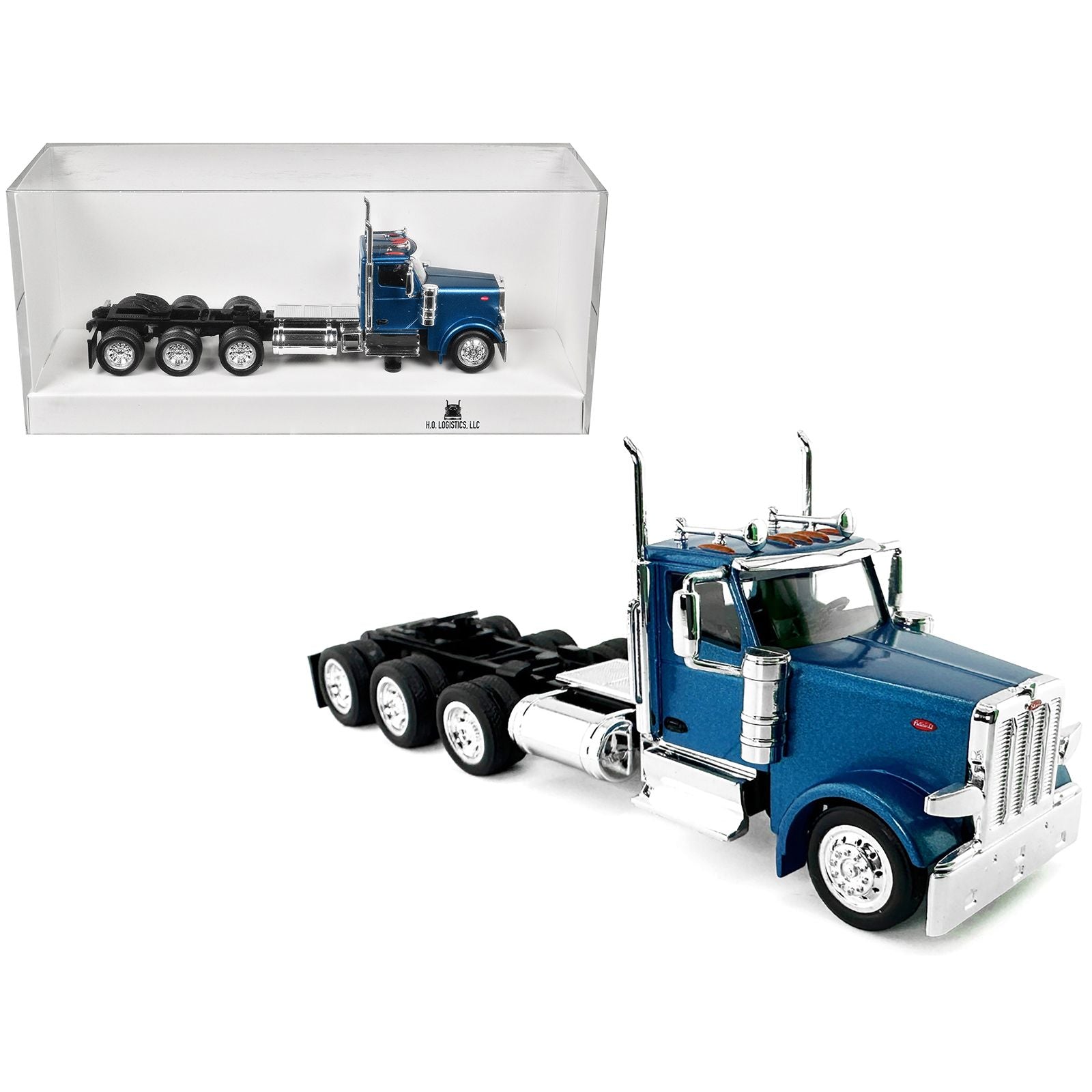 Peterbilt 589 3-Axel Day Cab Blue Metallic 1/87 (HO) Plastic Model Car by HO Logistics