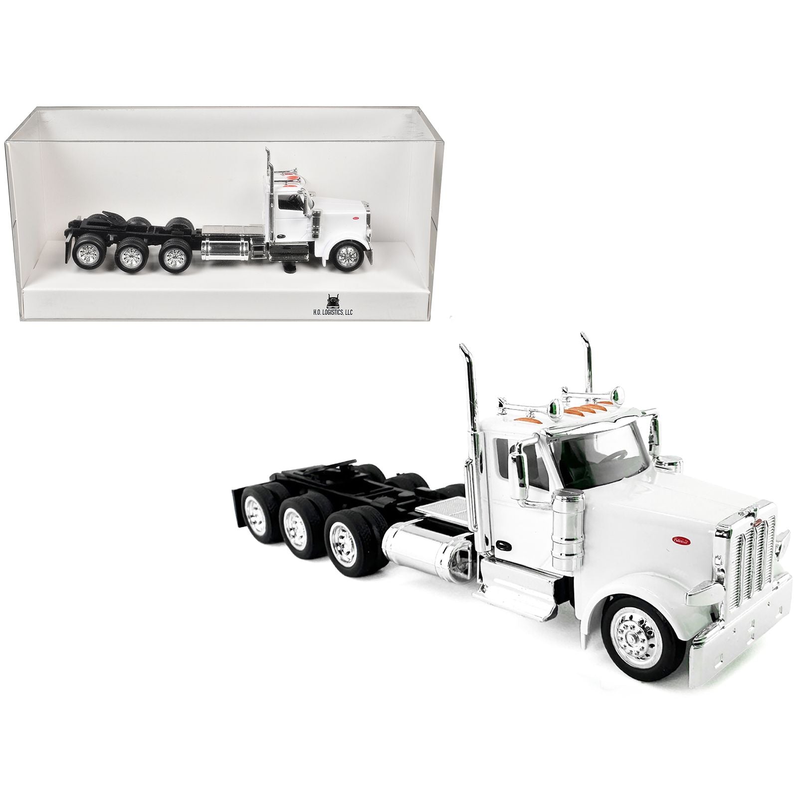Peterbilt 589 3-Axel Day Cab White 1/87 (HO) Plastic Model Car by HO Logistics