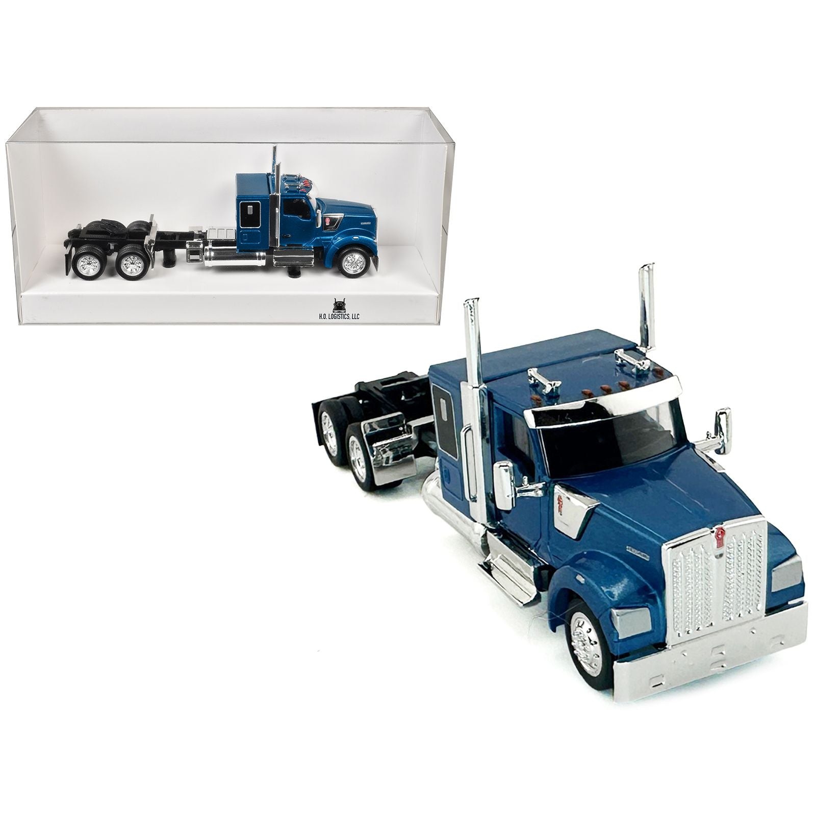 Kenworth W990 with Flat Top Sleeper Cab Blue Metallic 1/87 (HO) Plastic Model Car by HO Logistics