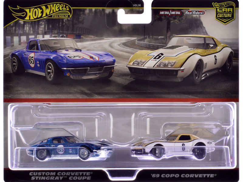 Chevrolet Custom Corvette Stingray Coupe #65 Blue Metallic with White Stripes and 1969 Chevrolet COPO Corvette #6 Gold Metallic and White "Car Culture" Set of 2 Cars Diecast Model Cars by Hot Wheels