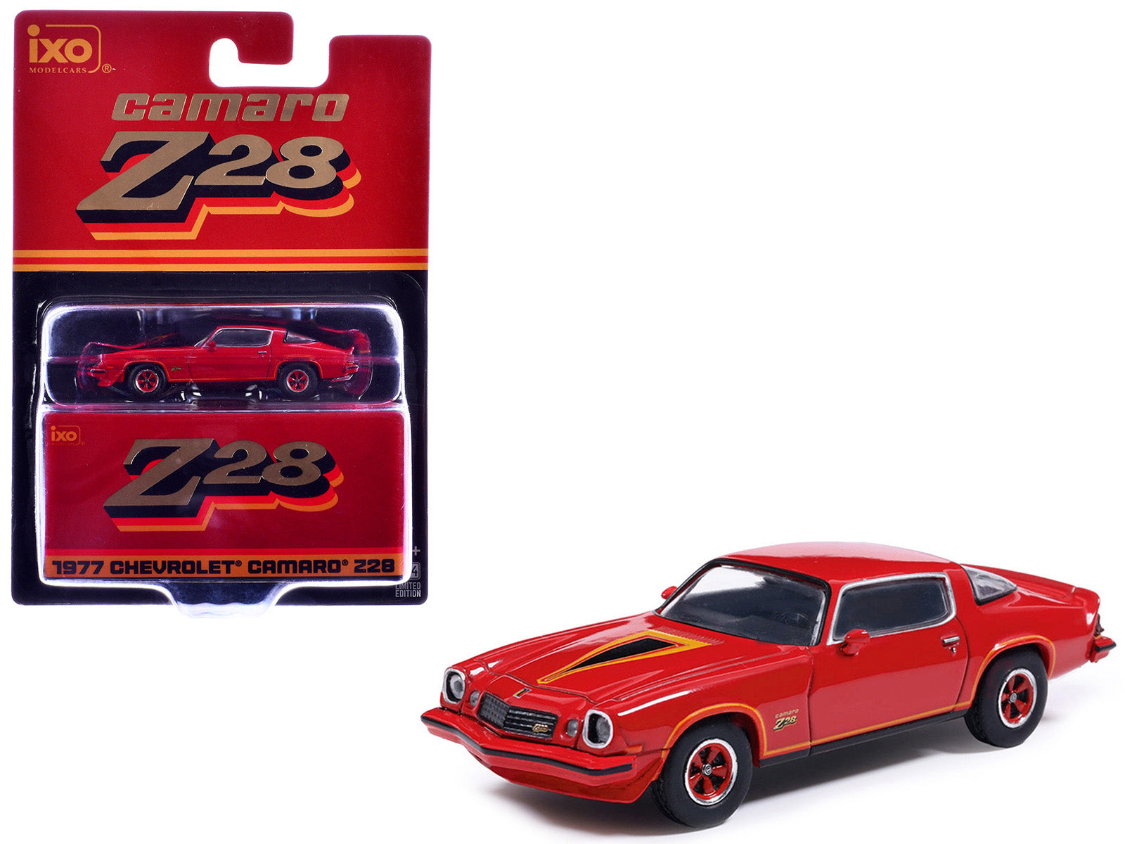 1977 Chevrolet Camaro Z28 Red with Hood Stripes 1/64 Diecast Model by IXO Models