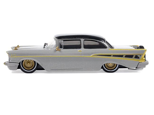 1957 Chevrolet Bel Air Lowrider Gray with Black Top and Gold Accents 1/64 Diecast Model Car by IXO Models