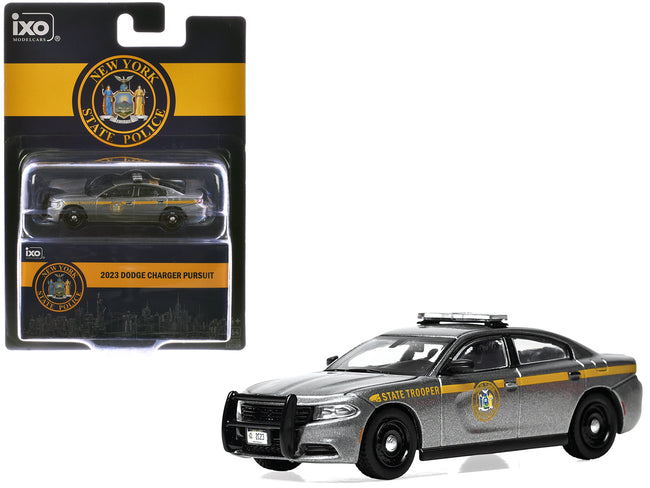 2023 Dodge Charger Pursuit "New York State Police" Gray Metallic with Yellow Stripes 1/64 Diecast Model by IXO Models
