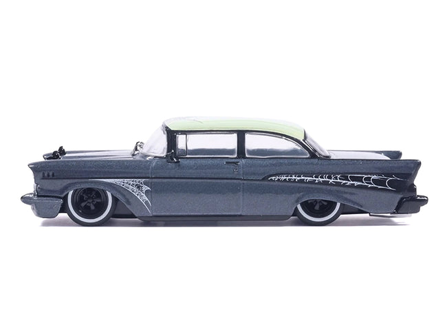 1957 Chevrolet Bel Air Lowrider Gray Metallic with Light Green Top and Halloween Graphics 1/64 Diecast Model Car by IXO Models