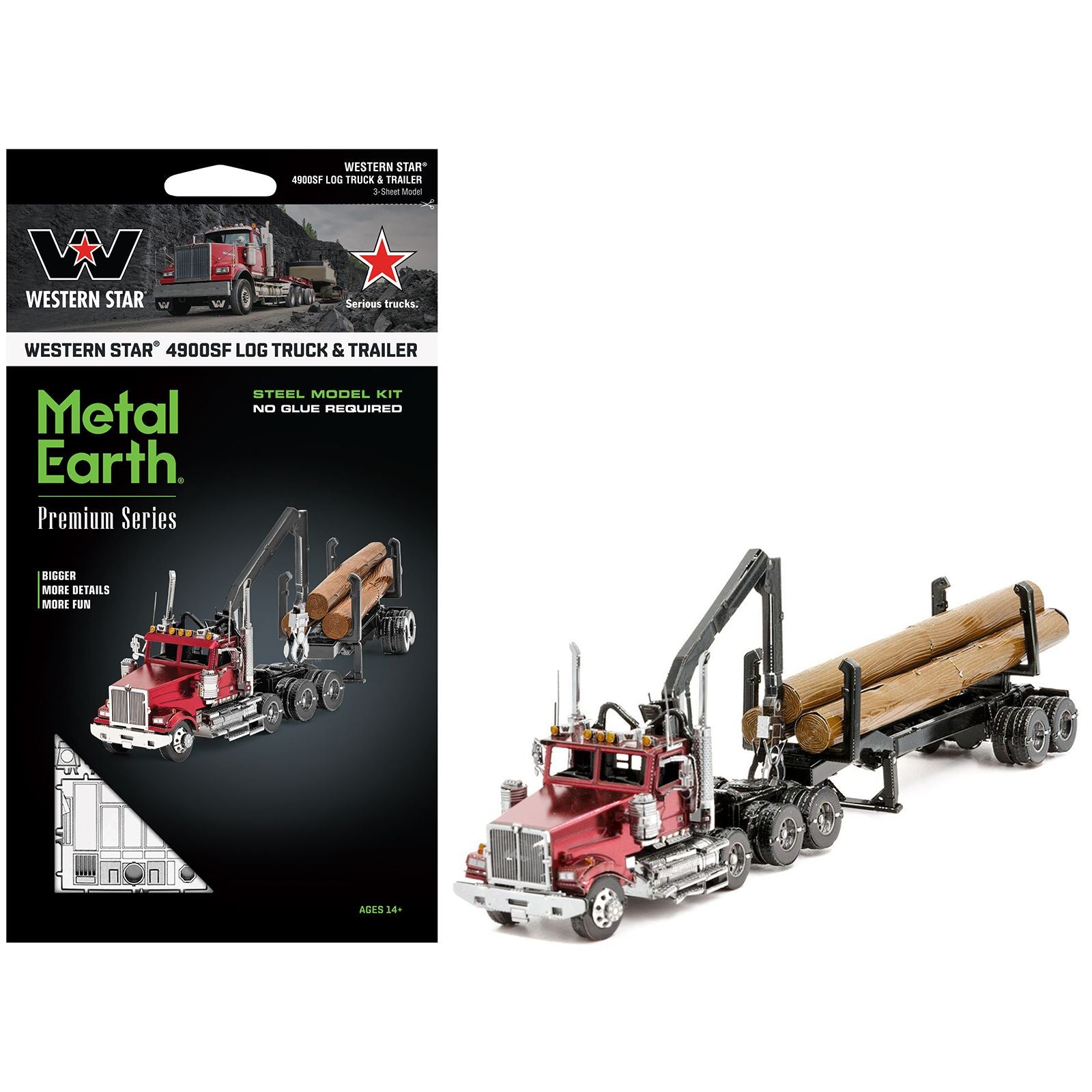 Model Kit Western Star 4900 Log Truck and Trailer Red Metallic (Challenging Difficulty) Steel Model by Metal Earth