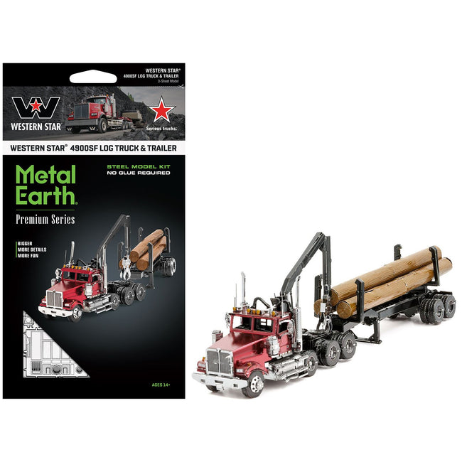 Model Kit Western Star 4900 Log Truck and Trailer Red Metallic (Challenging Difficulty) Steel Model by Metal Earth