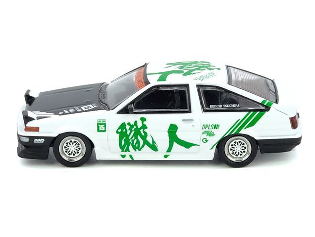 Toyota Sprinter Trueno (AE86) RHD (Right Hand Drive) #15 "Keiichi Tsuchiya" White with Green Graphics 1/64 Diecast Model Car by Inno Models