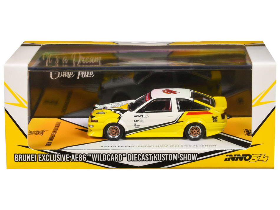 Toyota Sprinter Trueno (AE86) RHD (Right Hand Drive) "Brunei Diecast Kustom Show 2024" White and Yellow with Graphics 1/64 Diecast Model Car by Inno Models