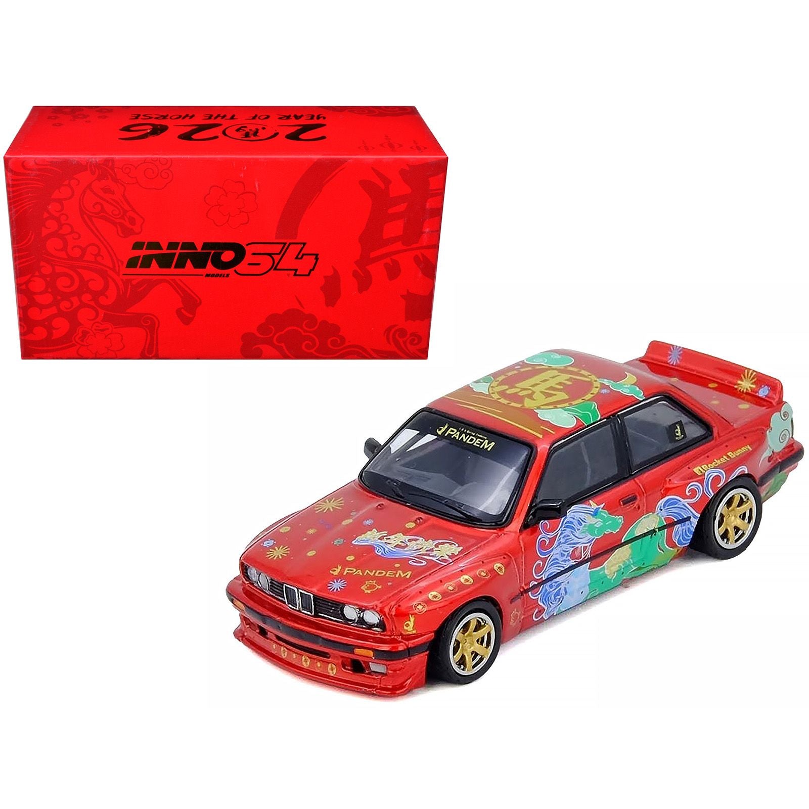 Pandem Rocket Bunny E30 "Year of the Horse - Chinese New Year 2026 Special Edition" Red Metallic with Graphics Limited Edition to 8888 pieces Worldwide 1/64 Diecast Model Car by Inno Models