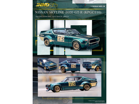 Nissan Skyline 2000 GT-R (KPGC110) RHD (Right Hand Drive) #73 Green Metallic "Racing Concept" 1/64 Diecast Model Car by Inno Models