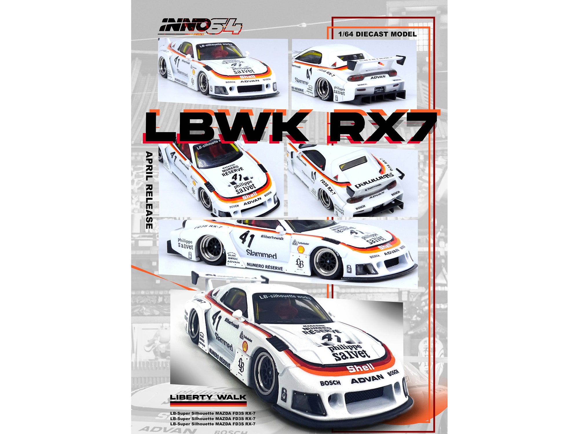 Mazda RX7 (FD3S) LB-Super-Silhouette RHD (Right Hand Drive) #41 White with Stripes and Graphics 1/64 Diecast Model Car by Inno Models