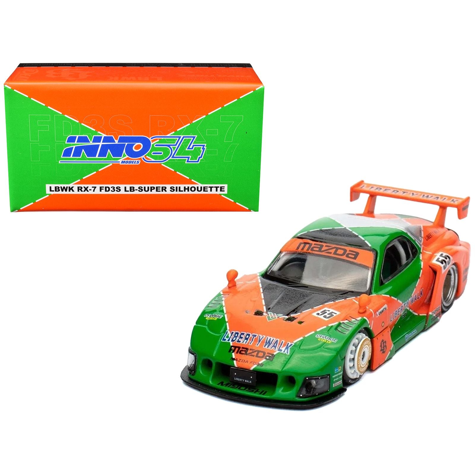 Mazda RX7 (FD3S) LB-Super-Silhouette RHD (Right Hand Drive) #55 Green and Orange with Graphics "Tokyo Auto Salon 2024 - Malaysia Diecast Expo 2024" 1/64 Diecast Model Car by Inno Models