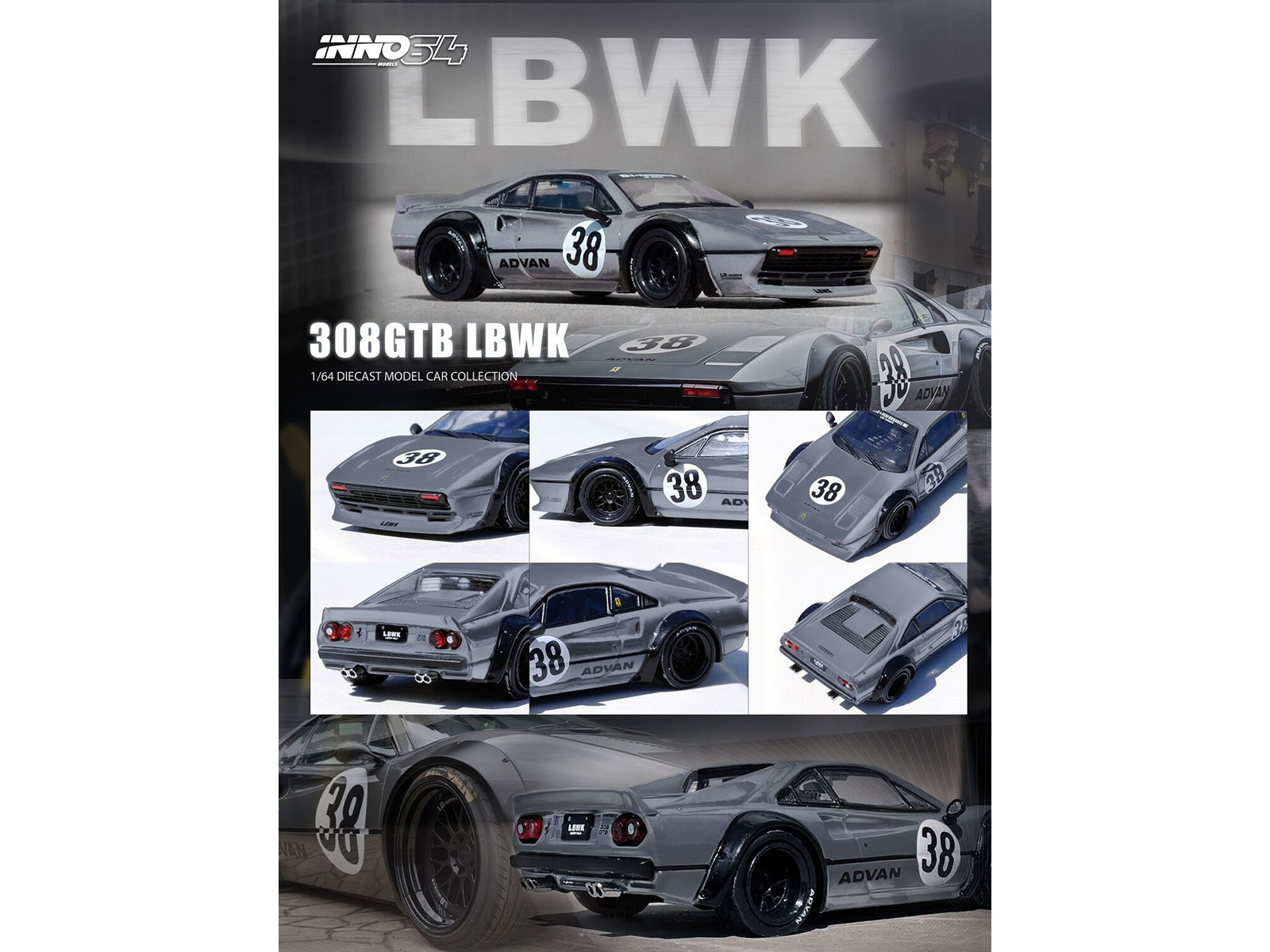 LBWK (Liberty Walk) 308 GTB #38 Gray Metallic 1/64 Diecast Model Car by Inno Models