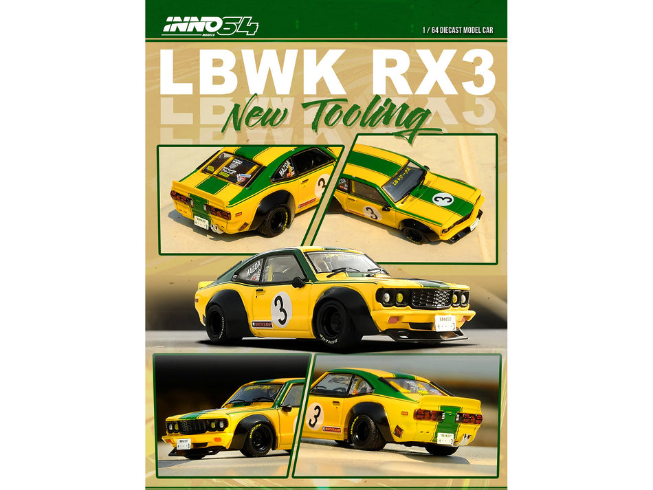 Mazda RX-3 Liberty Walk RHD (Right Hand Drive) #3 "Savanna" Yellow with Green Stripes 1/64 Diecast Model Car by Inno Models