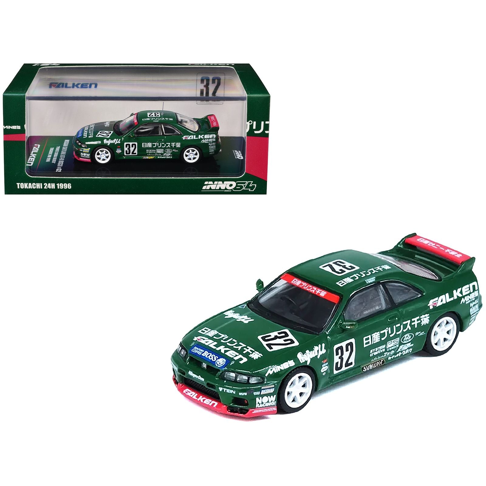 Nissan Skyline GT-R (R33) RHD (Right Hand Drive) #32 "Prince Chiba Falken" N1 Super Endurance Series "Tokachi 24 Hours" (1996) 1/64 Diecast Model Car by Inno Models
