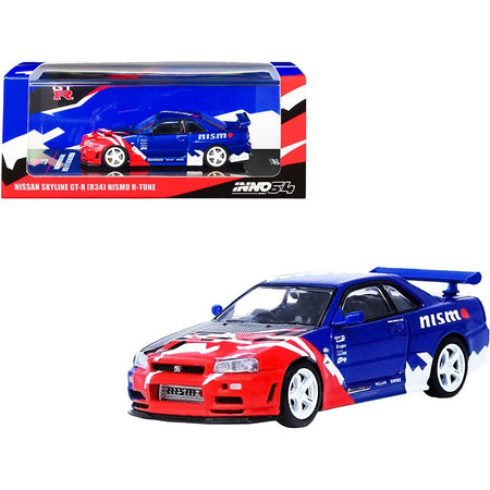 Nissan Skyline GT-R (R34) Nismo R-Tune Concept RHD (Right Hand Drive) Blue Metallic with Carbon Hood with Red and White Graphics "Tokyo Auto Salon 2000" 1/64 Diecast Model Car by Inno Models Diecast Inno Models