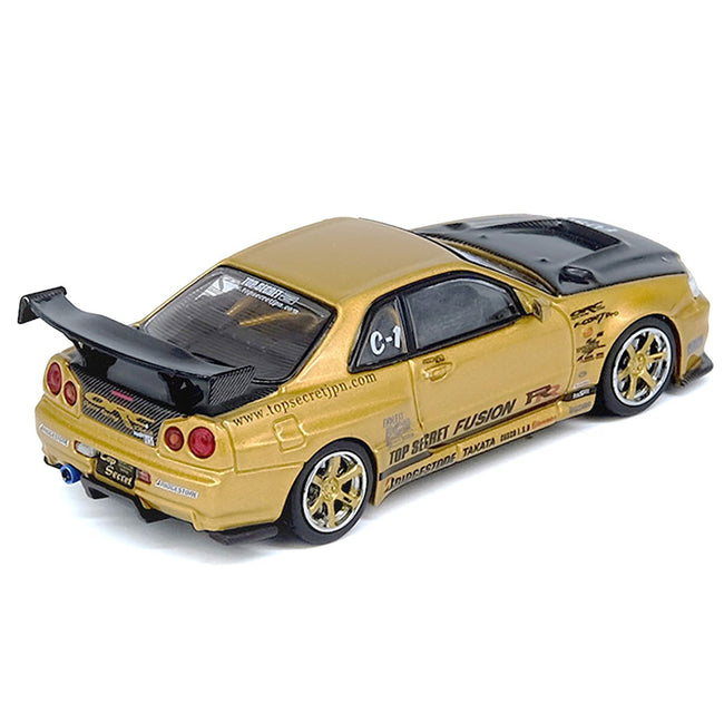Nissan Skyline GT-R (R34) RHD (Right Hand Drive) "Top Secret" Gold Metallic with Carbon Hood and Trunk 1/64 Diecast Model Car by Inno Models