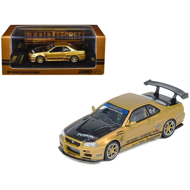 Nissan Skyline GT-R (R34) RHD (Right Hand Drive) "Top Secret" Gold Metallic with Carbon Hood and Trunk 1/64 Diecast Model Car by Inno Models