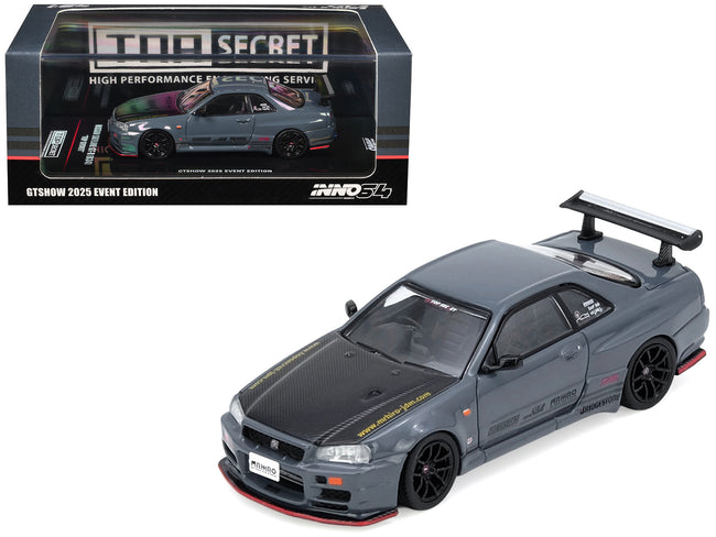 Nissan Skyline GT-R (R34) "Top Secret" RHD (Right Hand Drive) White with Carbon Hood 1/64 Diecast Model Car by Inno Models
