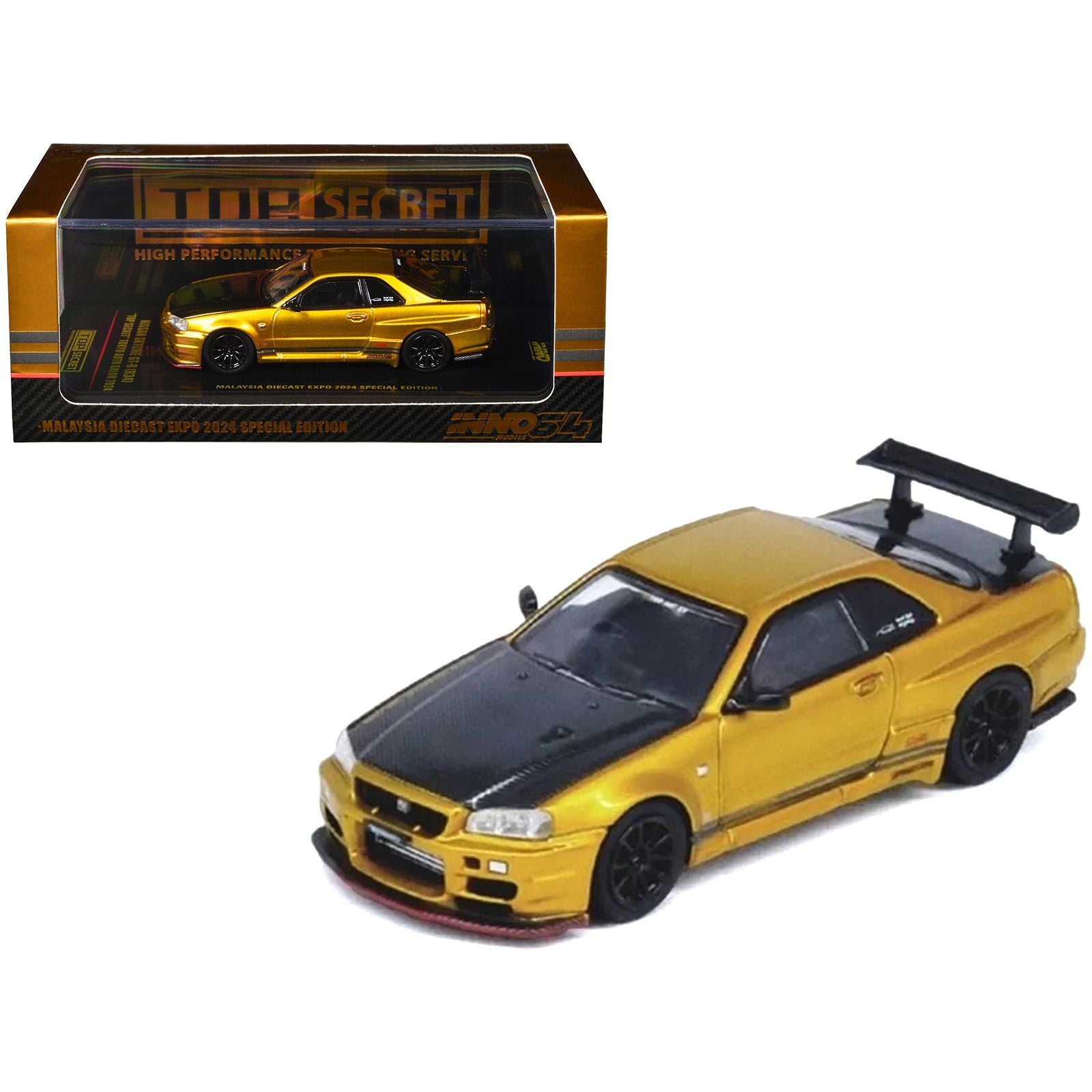 Nissan Skyline GT-R (R34) "Top Secret" RHD (Right Hand Drive) Gold Metallic with Carbon Hood and Trunk "Tokyo Auto Salon 2024 - Malaysia Diecast Expo 2024" 1/64 Diecast Model Car by Inno Models