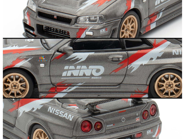 Nissan Skyline GT-R (R34) Z-Tune RHD (Right Hand Drive) Gray Metallic with Graphics "Indonesia Diecast Expo 2024 Exclusive Edition" 1/64 Diecast Model Car by Inno Models