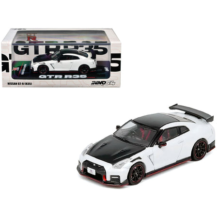 Nissan GT-R (R35) Nismo RHD (Right Hand Drive) White with Carbon Hood and Top 1/64 Diecast Model Car by Inno Models