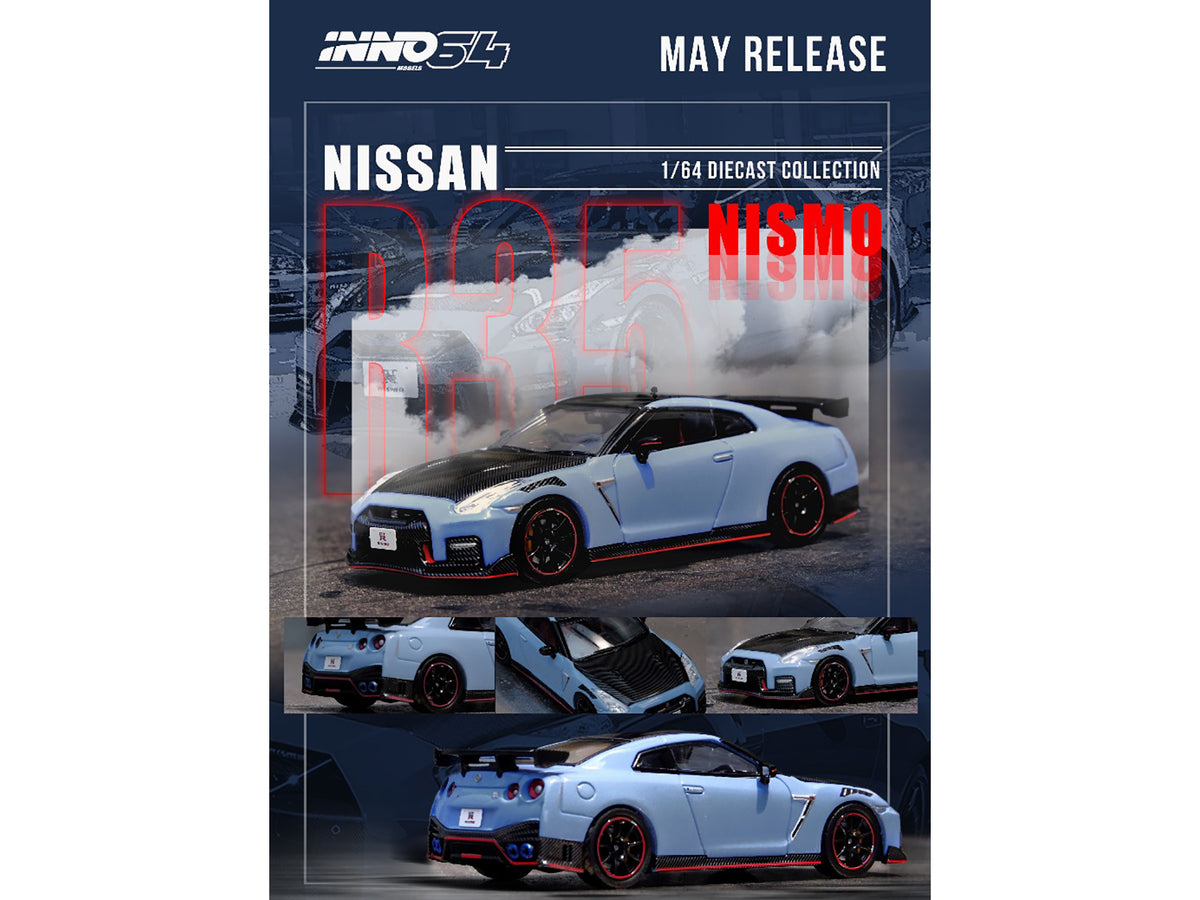 2022 Nissan GT-R (R35) Nismo Special Edition RHD (Right Hand Drive) Stealth Gray with Carbon Top and Hood 1/64 Diecast Model Car by Inno Models