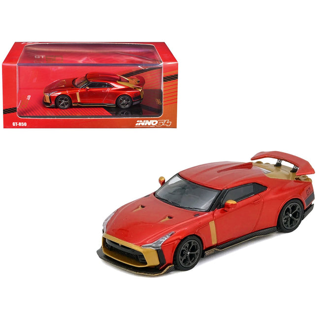 Nissan GT-R50 By ItalDesign Red Metallic with Gold Accents 1/64 Diecast Model Car by Inno Models
