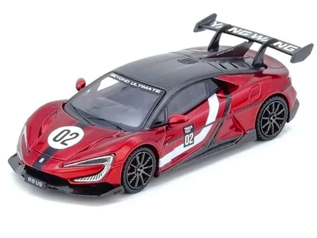 2025 Yangwang U9 Xtreme Test Car #02 Red Metallic with White Stripes and Carbon Top "World Fastest EV Supercar" 1/64 Diecast Model Car by Inno Models