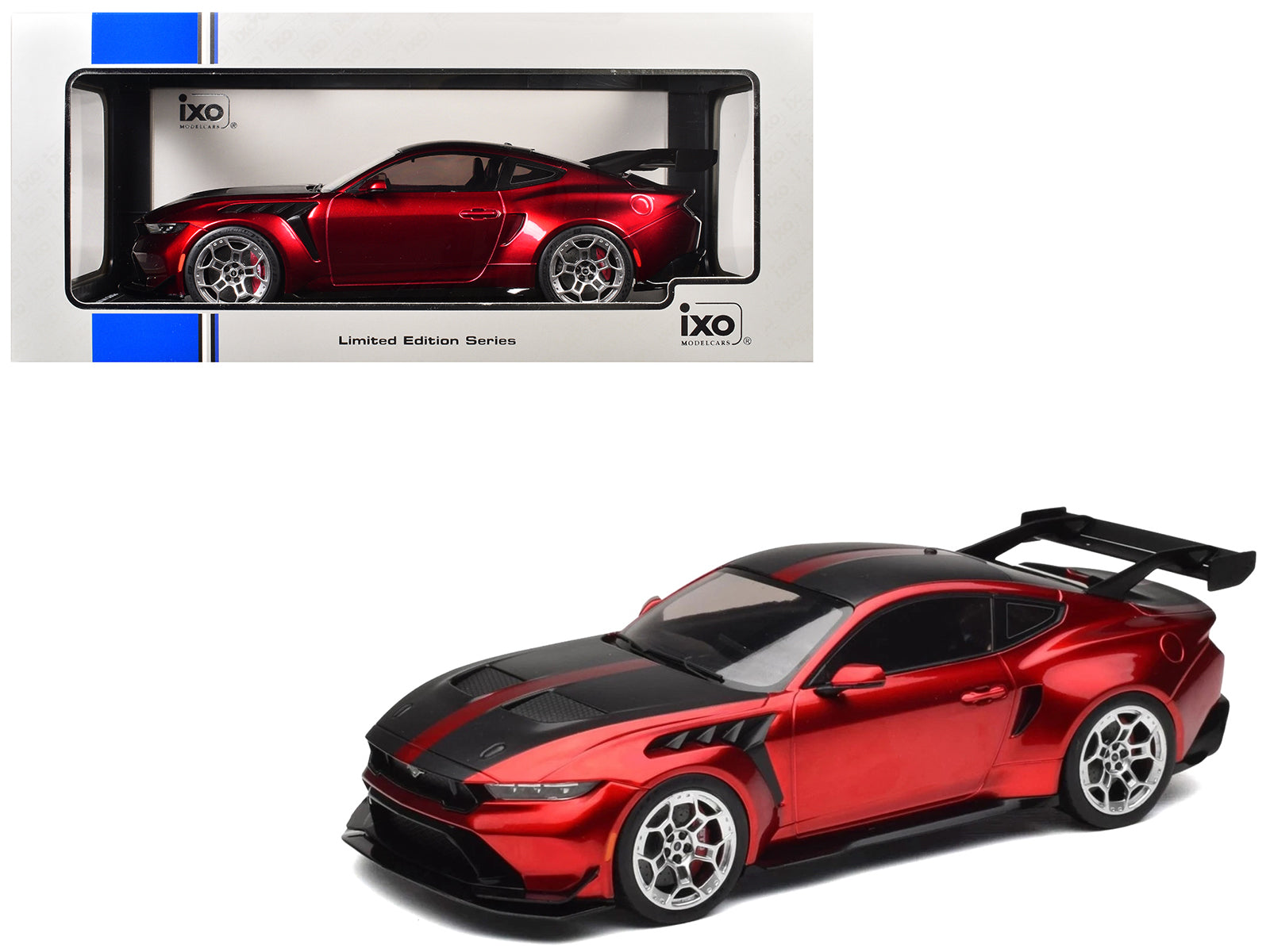 2025 Ford Mustang GTD Dark Red Metallic with Carbon Stripes "Limited Edition" Series 1/18 Diecast Model Car by IXO Models