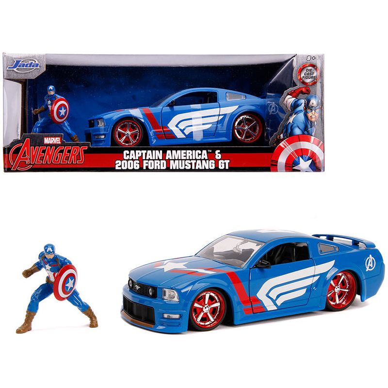 2006 Ford Mustang GT with Captain America Diecast Figurine "Avengers" "Marvel" Series 1/24 Diecast Model Car by Jada