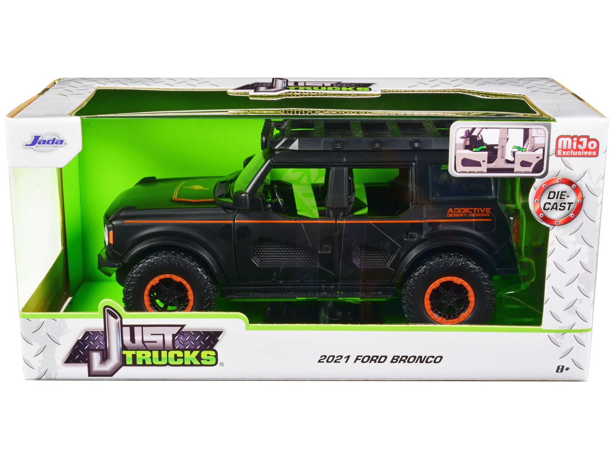 2021 Ford Bronco Matt Black with Orange Stripes and Roof Rack "Addictive Desert Designs" "Just Trucks" Series 1/24 Diecast Model Car by Jada