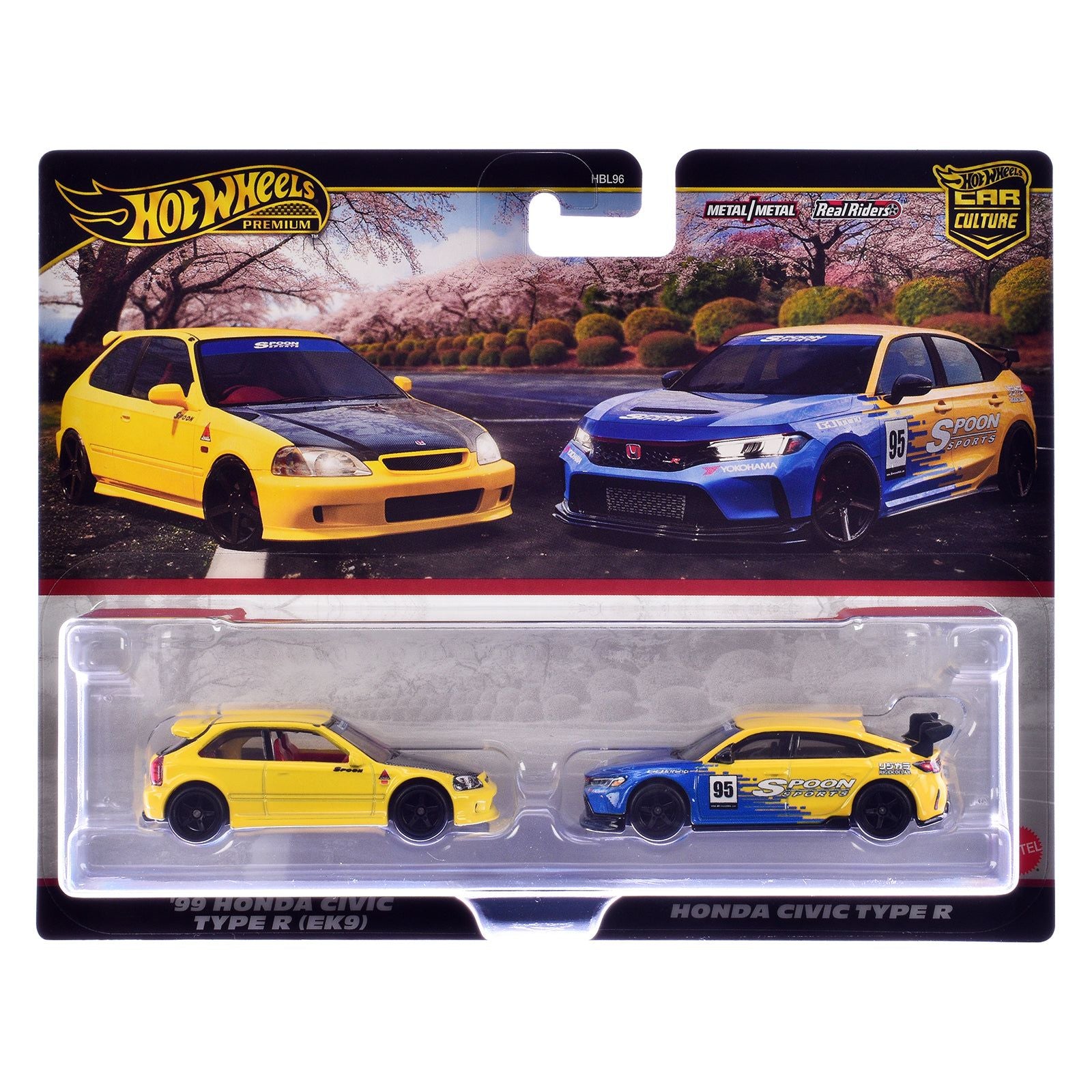 1999 Honda Civic Type R (EK9) RHD (Right Hand Drive) Yellow with Red Interior and Honda Civic Type R #95 "Spoon Sports" Blue and Yellow "Car Culture" Set of 2 Cars Diecast Model Cars by Hot Wheels