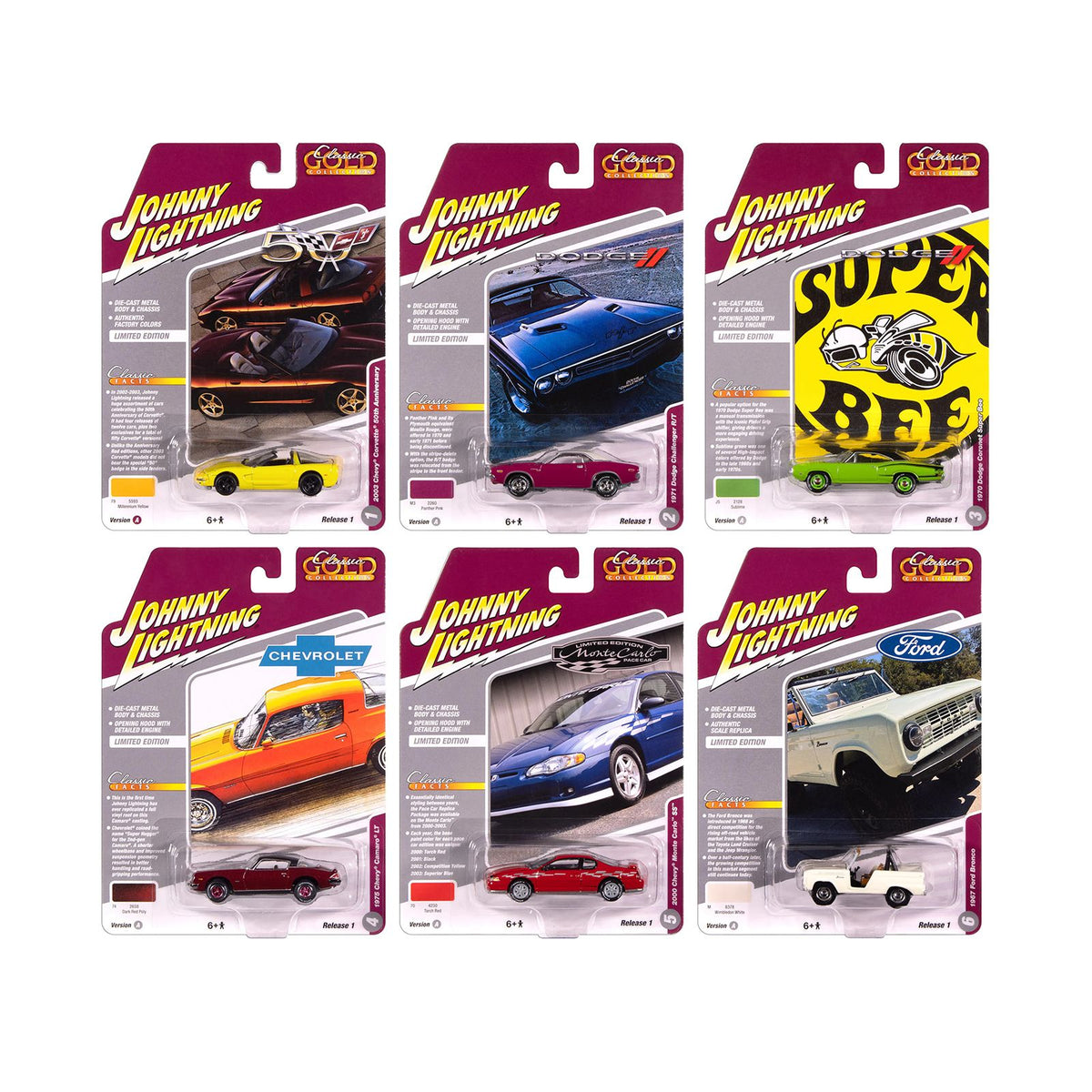 "Classic Gold Collection" 2025 Release 1 Set A of 6 Cars 1/64 Diecast Model Cars by Johnny Lightning