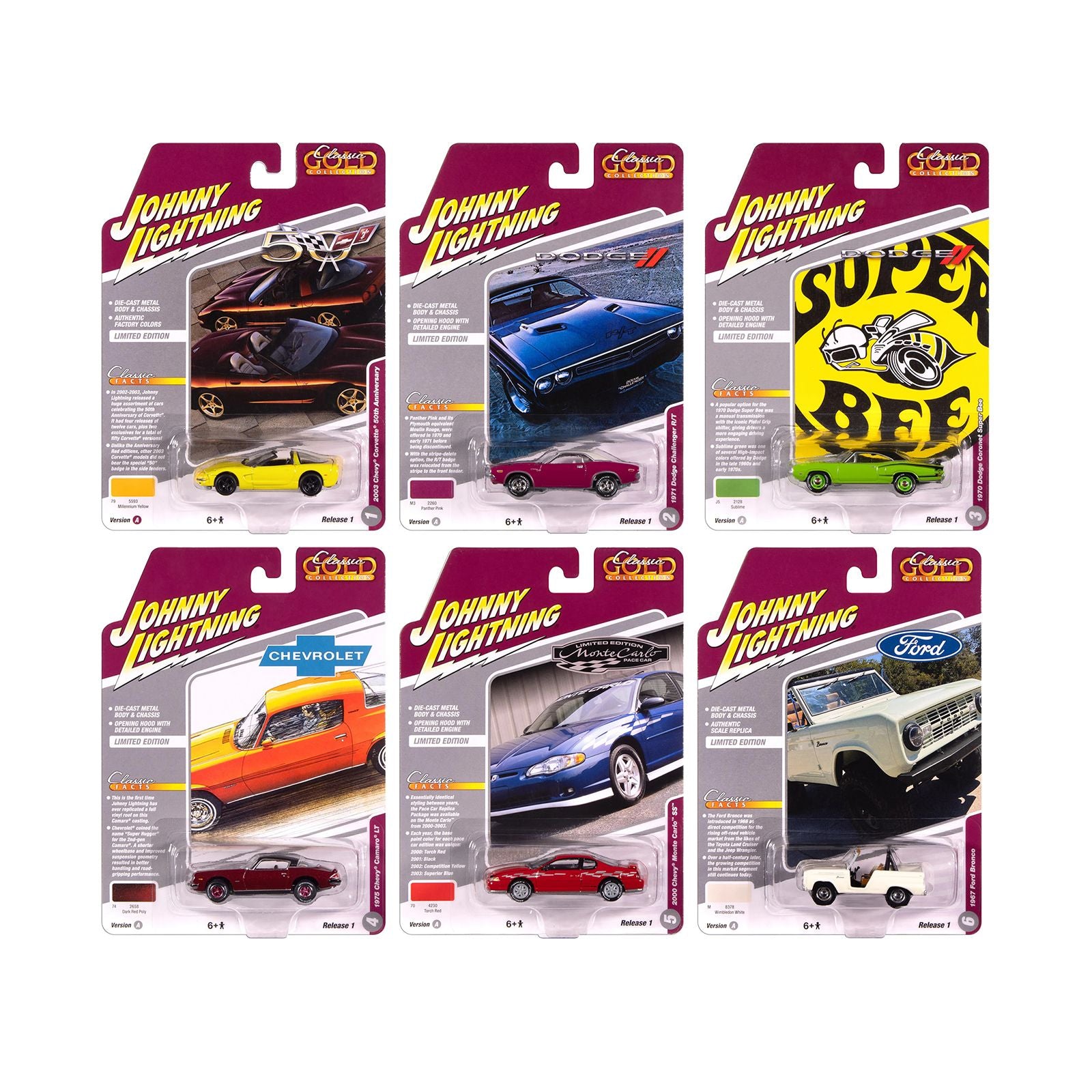 "Classic Gold Collection" 2025 Release 1 Set A of 6 Cars 1/64 Diecast Model Cars by Johnny Lightning