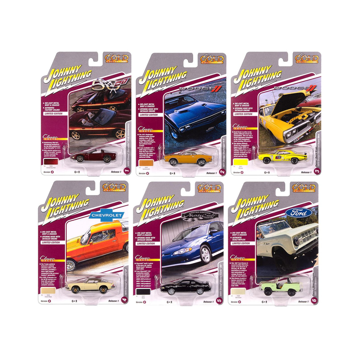 "Classic Gold Collection" 2025 Release 1 Set B of 6 Cars 1/64 Diecast Model Cars by Johnny Lightning