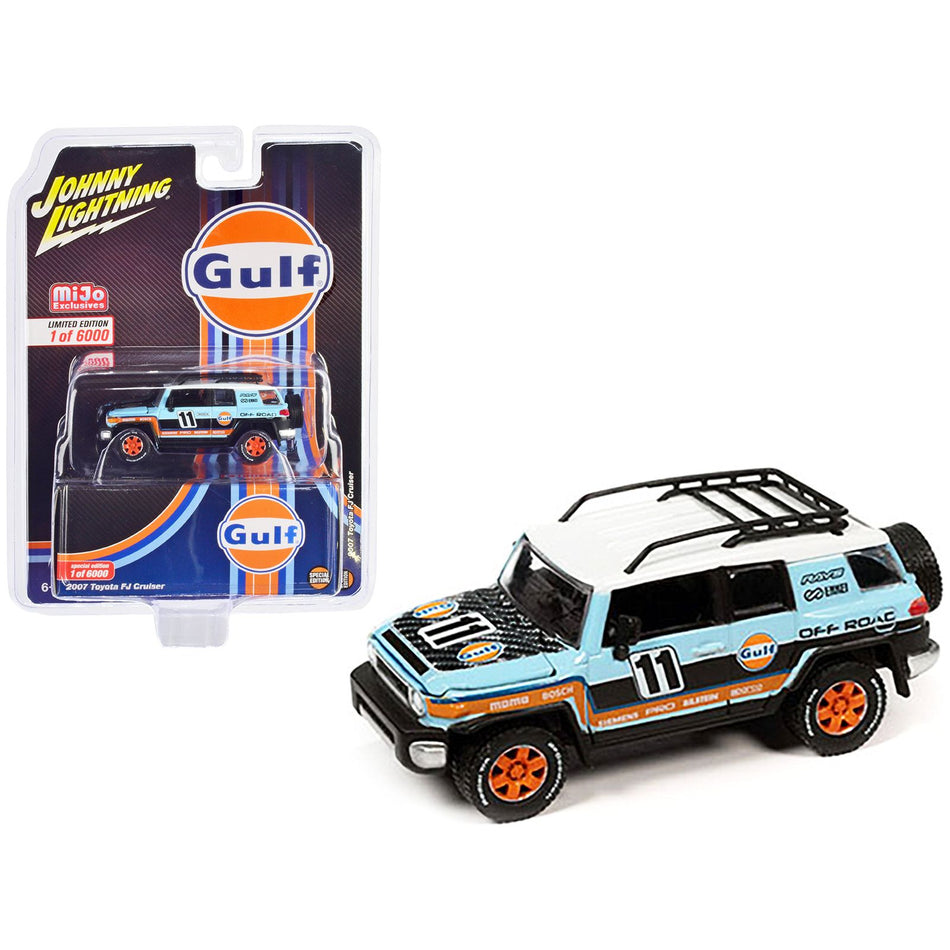 2007 Toyota FJ Cruiser #11 Light Blue "Gulf Oil" with Roofrack Limited Edition to 6000 pieces Worldwide 1/64 Diecast Model Car by Johnny Lightning