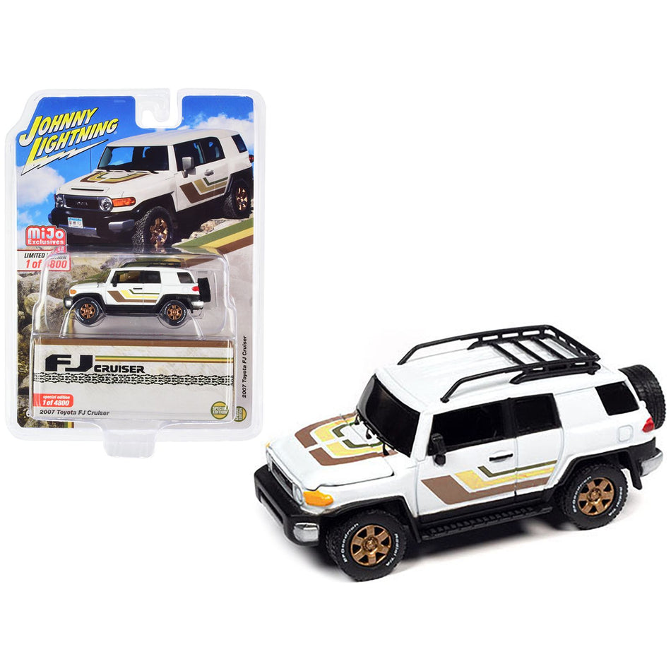 2007 Toyota FJ Cruiser White with Stripes and Roofrack Limited Edition to 4800 pieces Worldwide 1/64 Diecast Model Car by Johnny Lightning